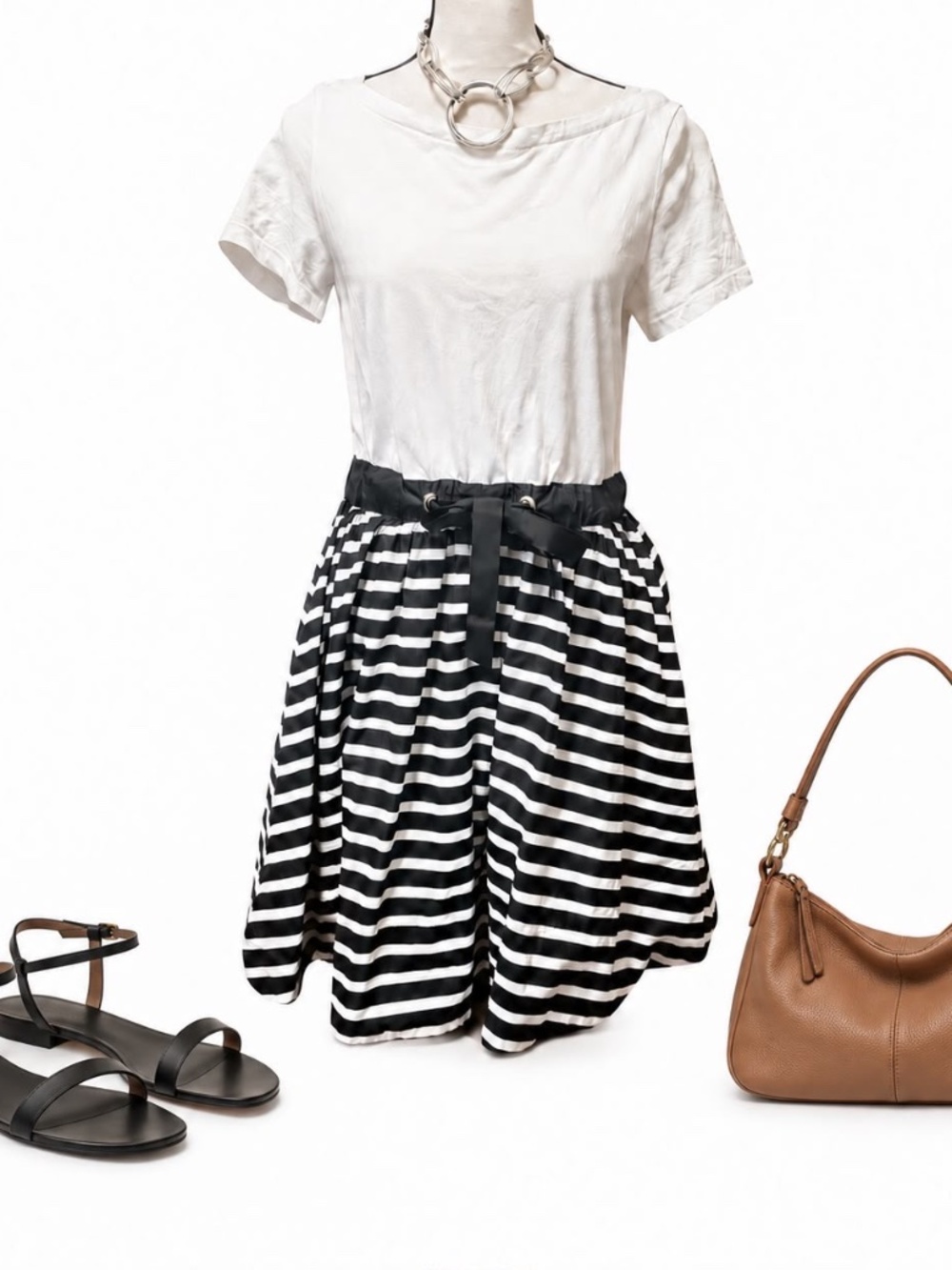 Kate Spade New York Black White Striped Bow Waist Dress Small